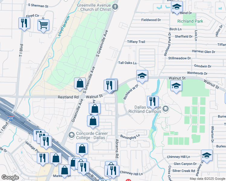 map of restaurants, bars, coffee shops, grocery stores, and more near Abrams Rd & Walnut St & W Walnut St in Dallas