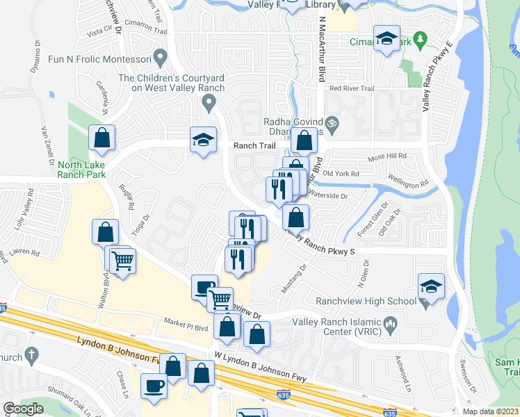map of restaurants, bars, coffee shops, grocery stores, and more near 8622 Valley Ranch Parkway West in Irving