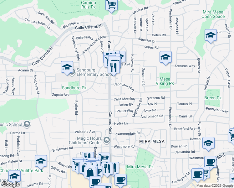 map of restaurants, bars, coffee shops, grocery stores, and more near 8410 Calle Morelos in San Diego