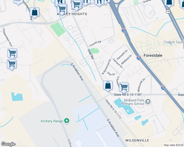 map of restaurants, bars, coffee shops, grocery stores, and more near 7021 Stall Road in Charleston