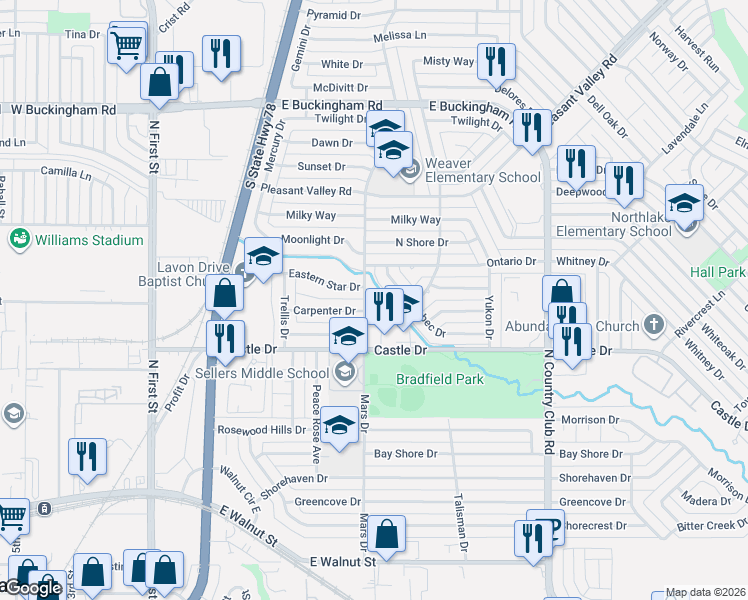 map of restaurants, bars, coffee shops, grocery stores, and more near 1221 Riley Drive in Garland