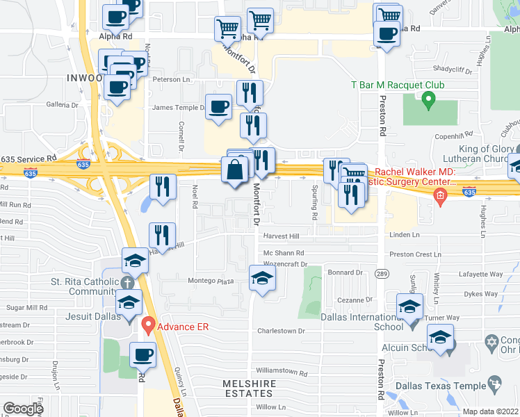 map of restaurants, bars, coffee shops, grocery stores, and more near 12821 Montfort Drive in Dallas