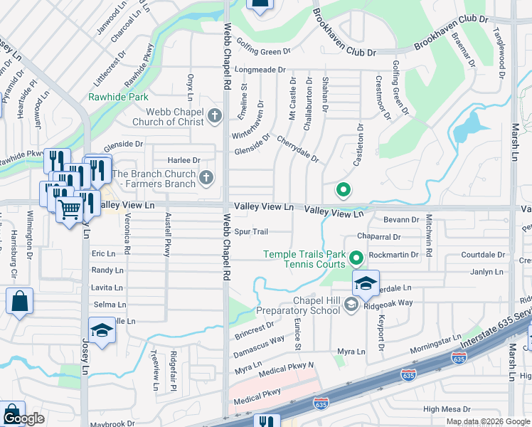map of restaurants, bars, coffee shops, grocery stores, and more near 3135 Spur Trail in Farmers Branch