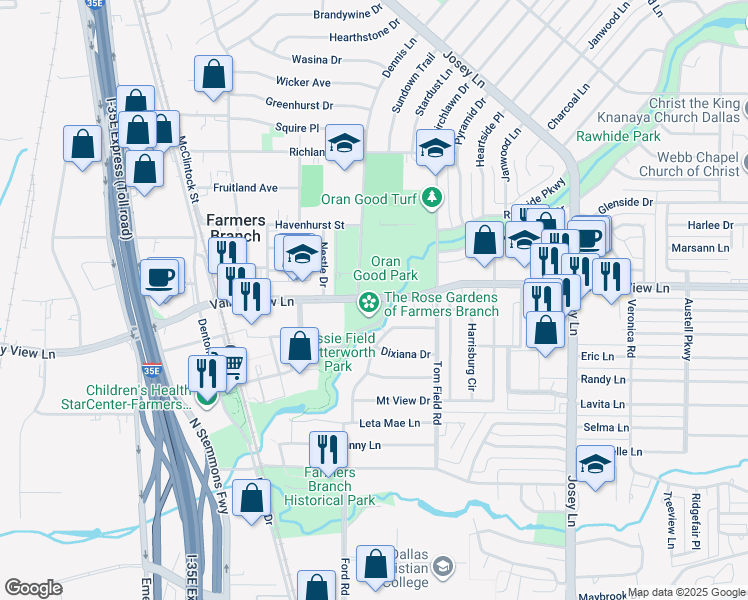 map of restaurants, bars, coffee shops, grocery stores, and more near 2618 Valley View Lane in Farmers Branch