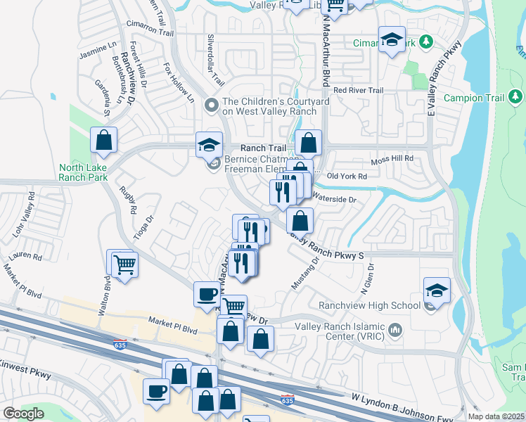 map of restaurants, bars, coffee shops, grocery stores, and more near 8628 Valley Ranch Parkway West in Irving