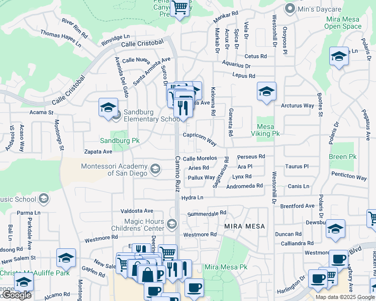 map of restaurants, bars, coffee shops, grocery stores, and more near 11179 Camino Ruiz in San Diego