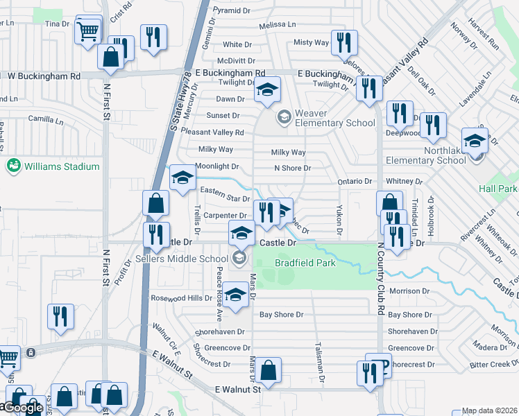 map of restaurants, bars, coffee shops, grocery stores, and more near 1221 Riley Drive in Garland