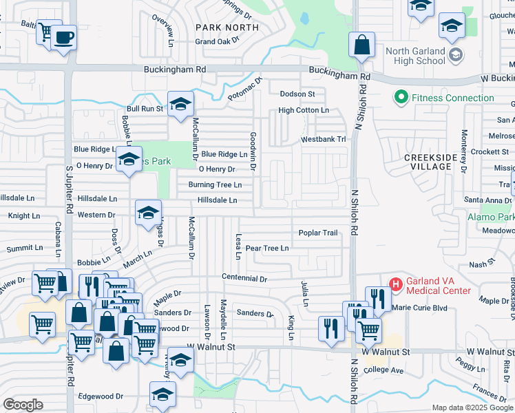 map of restaurants, bars, coffee shops, grocery stores, and more near 2905 Western Drive in Garland