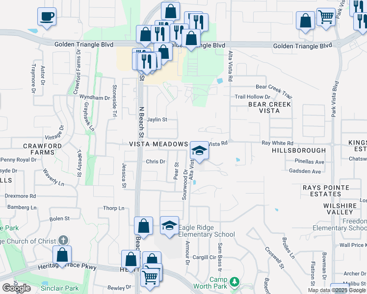 map of restaurants, bars, coffee shops, grocery stores, and more near 10229 Sourwood Drive in Fort Worth