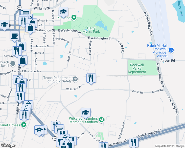 map of restaurants, bars, coffee shops, grocery stores, and more near 930 1250 Justin Road in Rockwall