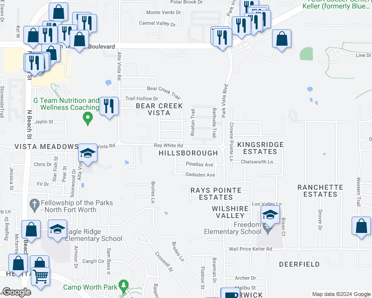 map of restaurants, bars, coffee shops, grocery stores, and more near 5033 Escambia Terrace in Fort Worth