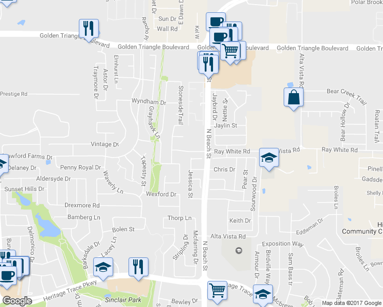 map of restaurants, bars, coffee shops, grocery stores, and more near 4405 Jessica Street in Fort Worth