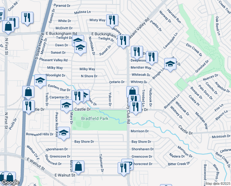map of restaurants, bars, coffee shops, grocery stores, and more near 1217 Castle Drive in Garland