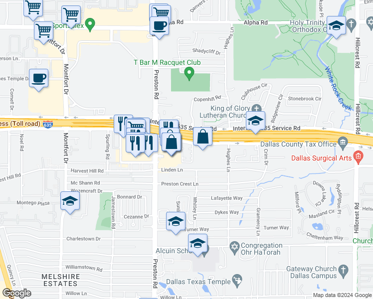 map of restaurants, bars, coffee shops, grocery stores, and more near 6118 Lyndon B Johnson Freeway in Dallas