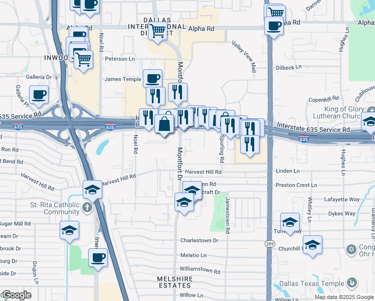map of restaurants, bars, coffee shops, grocery stores, and more near 12888 Montfort Drive in Dallas