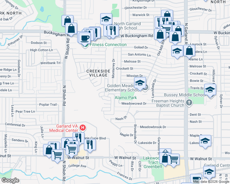 map of restaurants, bars, coffee shops, grocery stores, and more near 2010 Santa Anna Drive in Garland