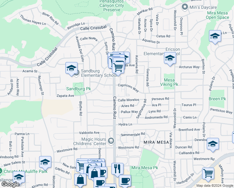 map of restaurants, bars, coffee shops, grocery stores, and more near 11145 Camino Ruiz in San Diego