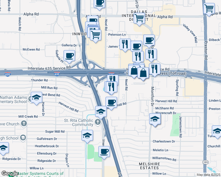 map of restaurants, bars, coffee shops, grocery stores, and more near 5410 Lyndon B Johnson Freeway in Dallas