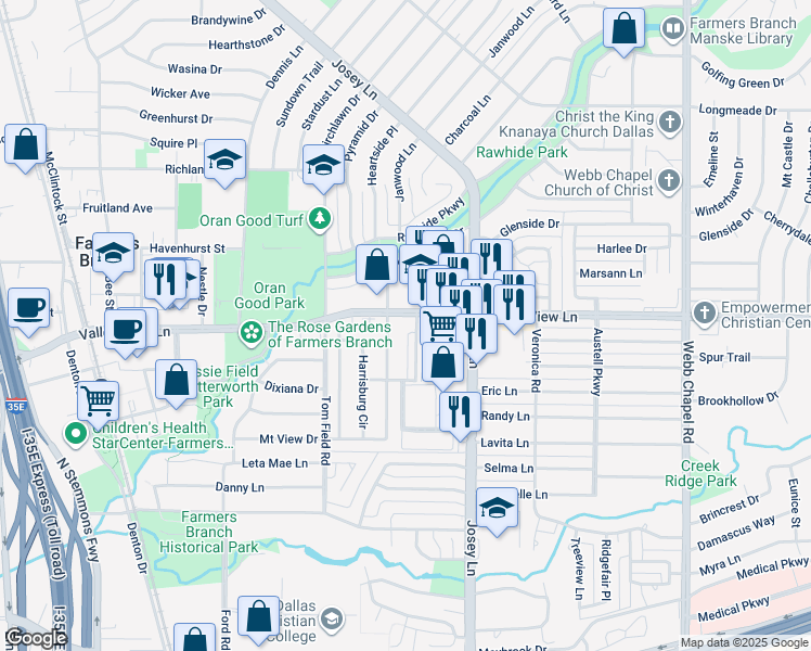map of restaurants, bars, coffee shops, grocery stores, and more near 13010 Wilmington Drive in Farmers Branch