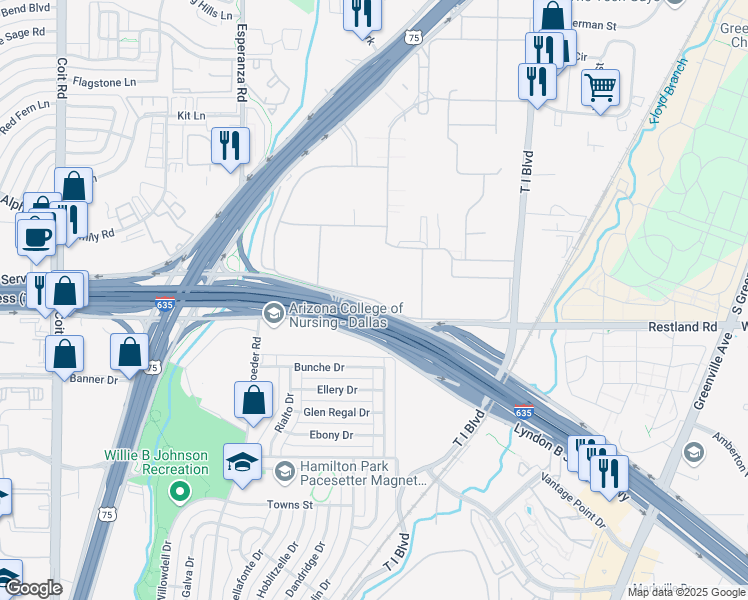 map of restaurants, bars, coffee shops, grocery stores, and more near Drive South in Dallas