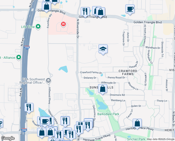 map of restaurants, bars, coffee shops, grocery stores, and more near 9833 Crawford Farms Drive in Fort Worth