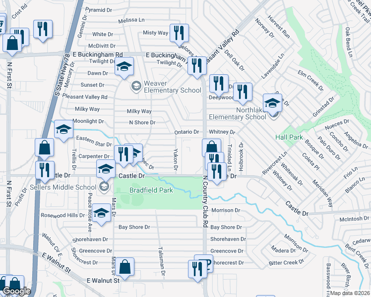 map of restaurants, bars, coffee shops, grocery stores, and more near 1233 Castle Drive in Garland