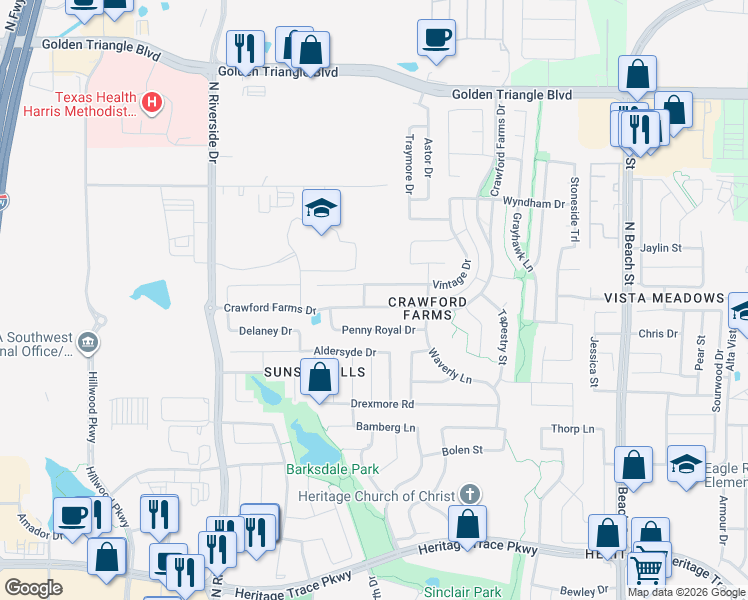 map of restaurants, bars, coffee shops, grocery stores, and more near 10136 Crawford Farms Drive in Fort Worth