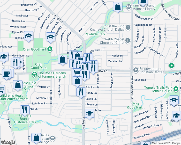map of restaurants, bars, coffee shops, grocery stores, and more near 13100 Josey Ln in Farmers Branch