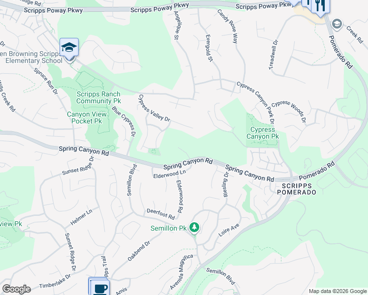 map of restaurants, bars, coffee shops, grocery stores, and more near 11016 Elderwood Lane in San Diego