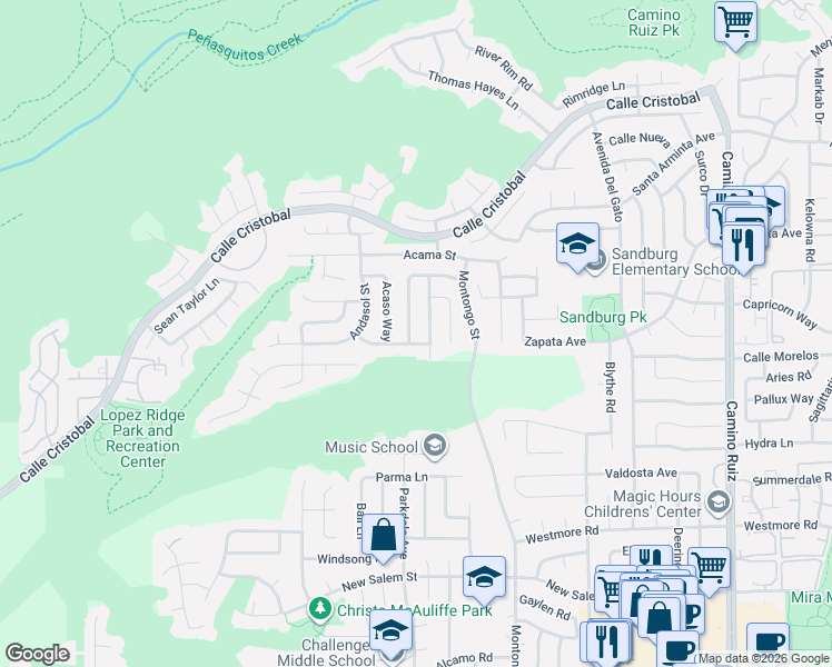 map of restaurants, bars, coffee shops, grocery stores, and more near 7737 Angeleno Road in San Diego