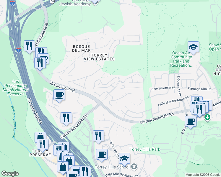 map of restaurants, bars, coffee shops, grocery stores, and more near 11255 Carmel Creek Road in San Diego
