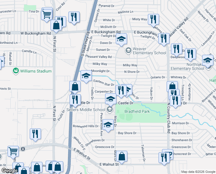 map of restaurants, bars, coffee shops, grocery stores, and more near 714 Carpenter Drive in Garland