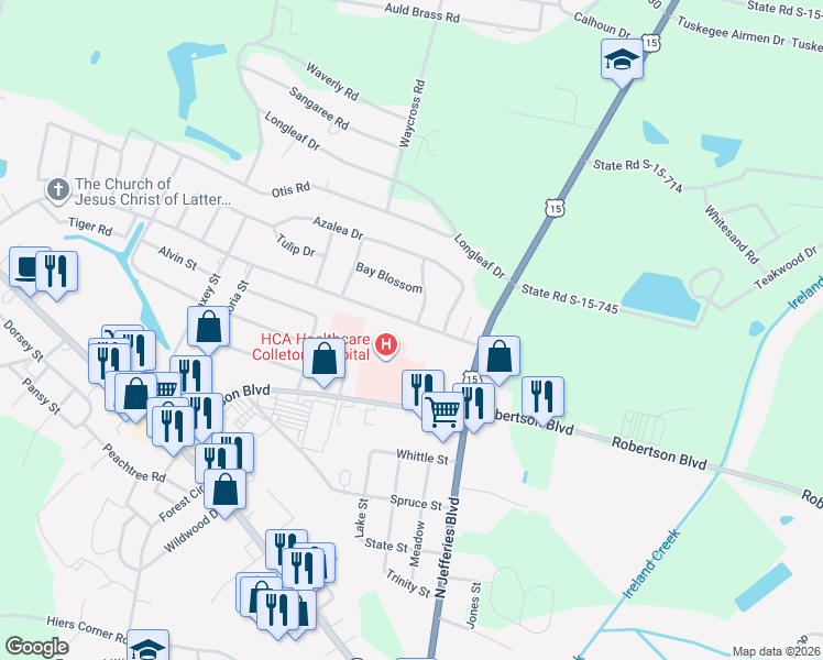 map of restaurants, bars, coffee shops, grocery stores, and more near 201 Medical Park Drive in Walterboro