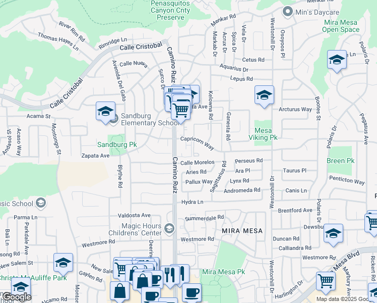 map of restaurants, bars, coffee shops, grocery stores, and more near 8387 Capricorn Way in San Diego