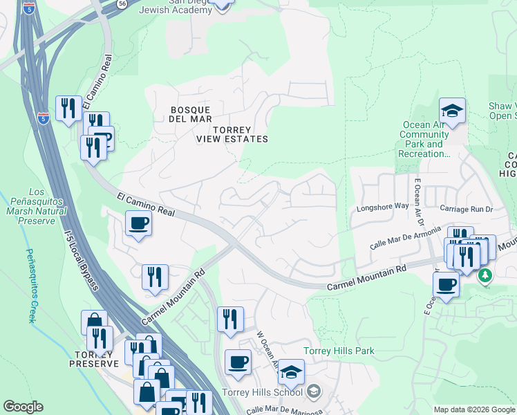 map of restaurants, bars, coffee shops, grocery stores, and more near 11255 Carmel Creek Road in San Diego