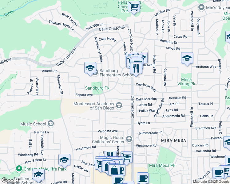 map of restaurants, bars, coffee shops, grocery stores, and more near 8190 Calle Morelos in San Diego