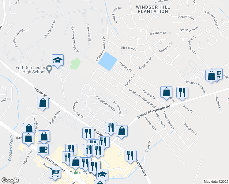 map of restaurants, bars, coffee shops, grocery stores, and more near 322 Dorchester Manor Boulevard in North Charleston