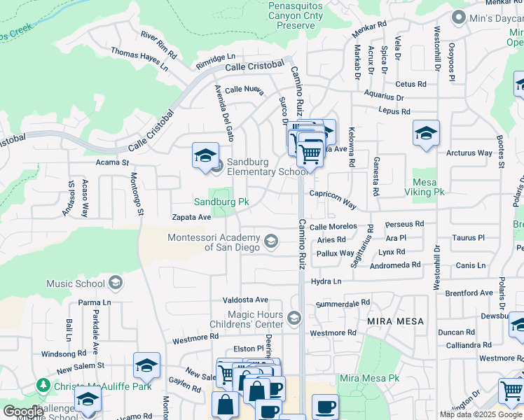map of restaurants, bars, coffee shops, grocery stores, and more near 8190 Calle Morelos in San Diego