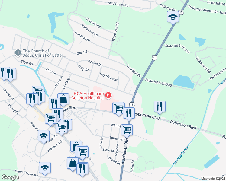 map of restaurants, bars, coffee shops, grocery stores, and more near 201 Medical Park Drive in Walterboro