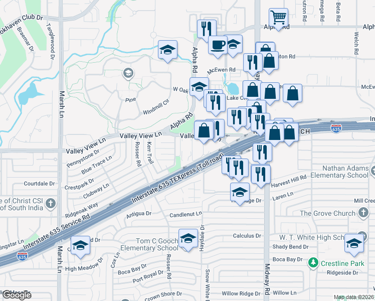 map of restaurants, bars, coffee shops, grocery stores, and more near 13226 Saint Lawrence Circle in Farmers Branch