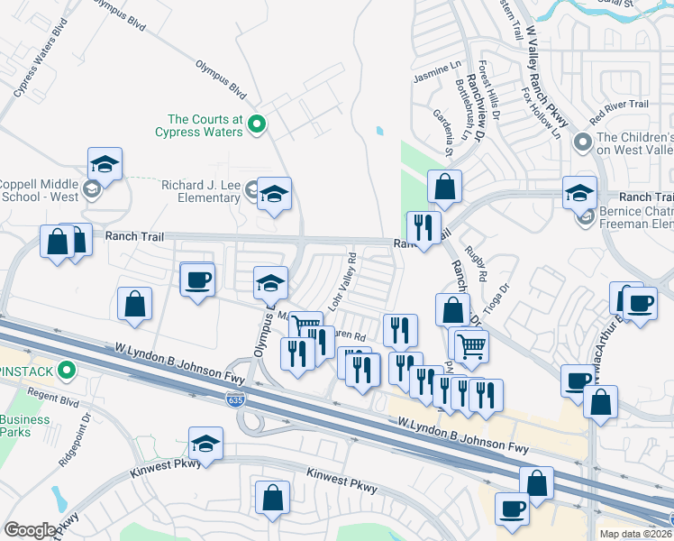 map of restaurants, bars, coffee shops, grocery stores, and more near 8701 Lohr Valley Road in Irving