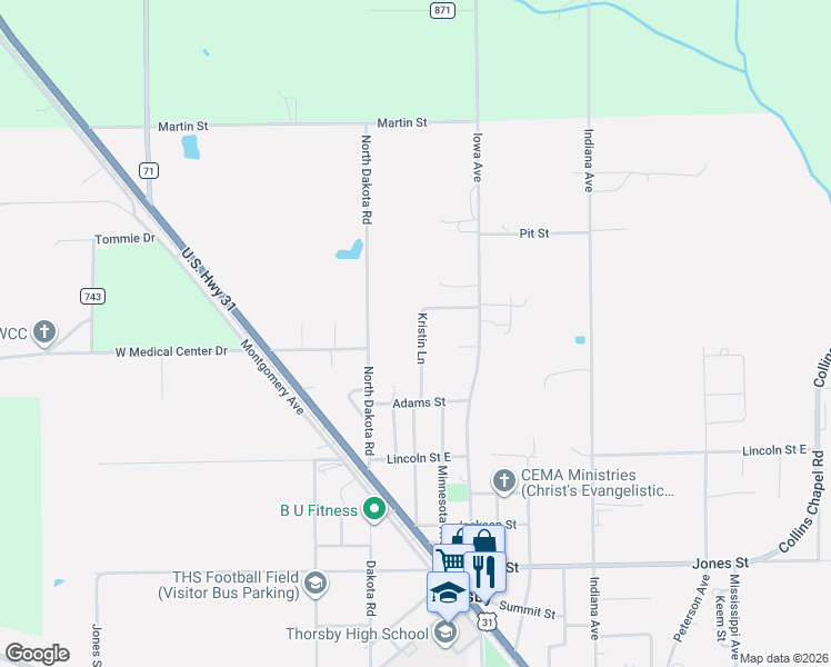 map of restaurants, bars, coffee shops, grocery stores, and more near Kristin Dr in Thorsby