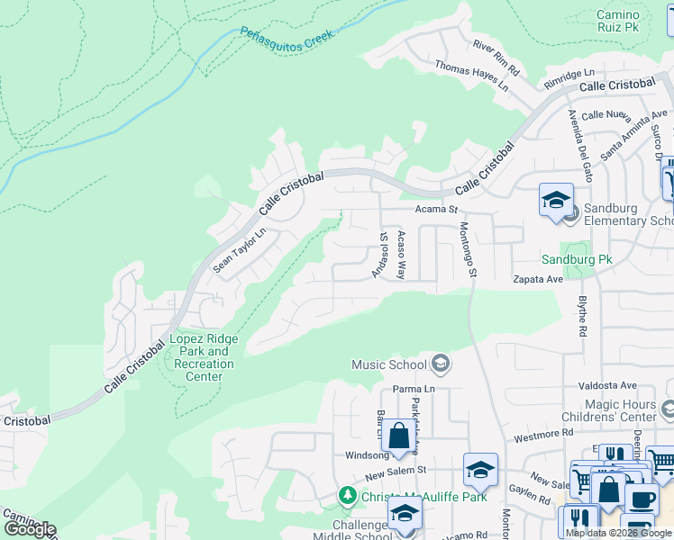 map of restaurants, bars, coffee shops, grocery stores, and more near 7495 Andasol Street in San Diego