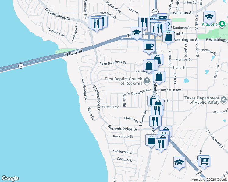map of restaurants, bars, coffee shops, grocery stores, and more near 504 West Boydstun Avenue in Rockwall