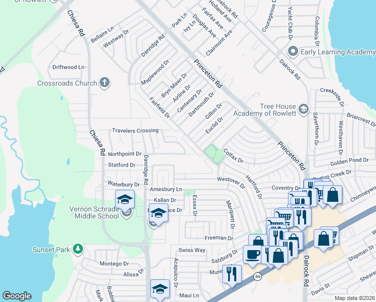 map of restaurants, bars, coffee shops, grocery stores, and more near 7118 Compass Point Drive in Rowlett