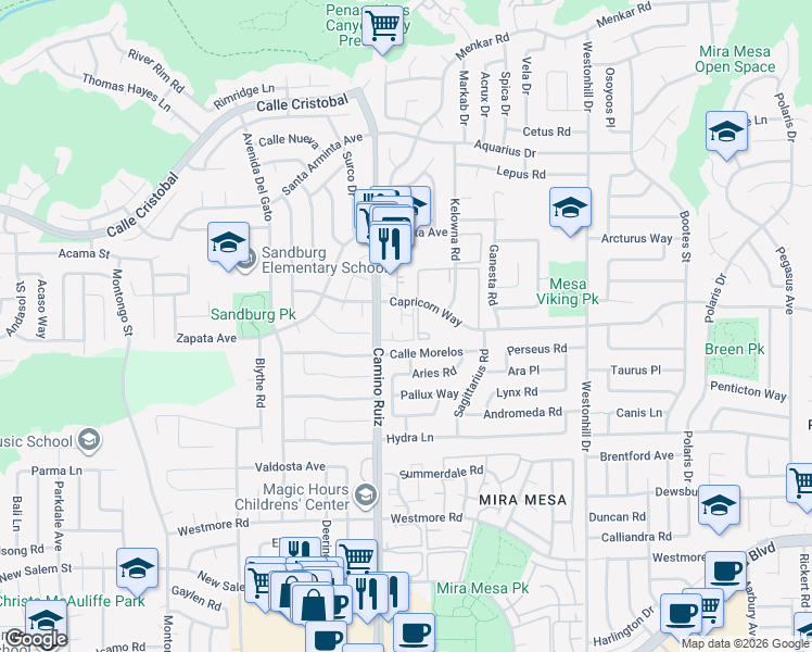 map of restaurants, bars, coffee shops, grocery stores, and more near 8410 Calle Morelos in San Diego