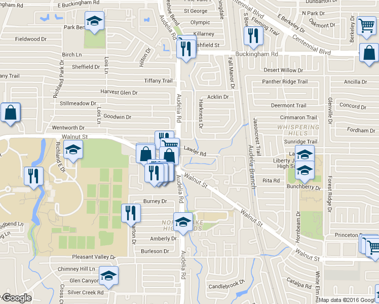 map of restaurants, bars, coffee shops, grocery stores, and more near 13030 Audelia Road in Dallas