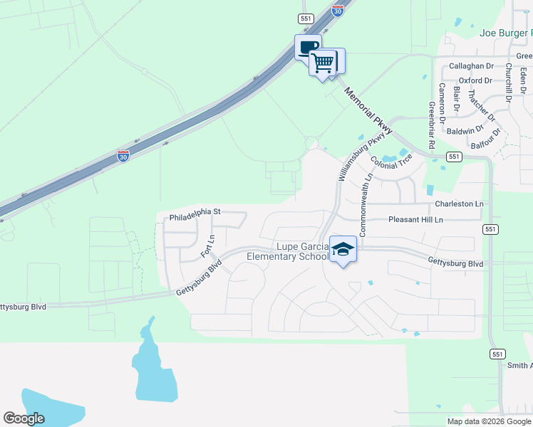 map of restaurants, bars, coffee shops, grocery stores, and more near 217 Griffin Avenue in Royse City