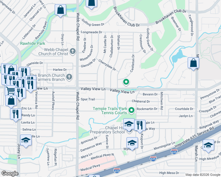 map of restaurants, bars, coffee shops, grocery stores, and more near Valley View Ln & Shahan Dr in Farmers Branch