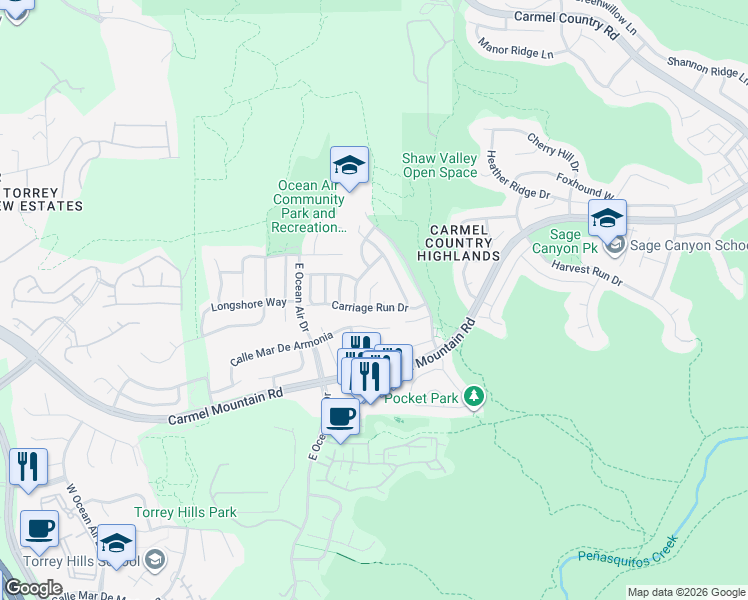 map of restaurants, bars, coffee shops, grocery stores, and more near 11379 Cadence Grove Way in San Diego